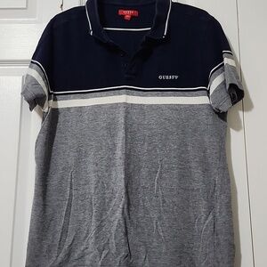 Guess Navy and Gray Striped Polo
